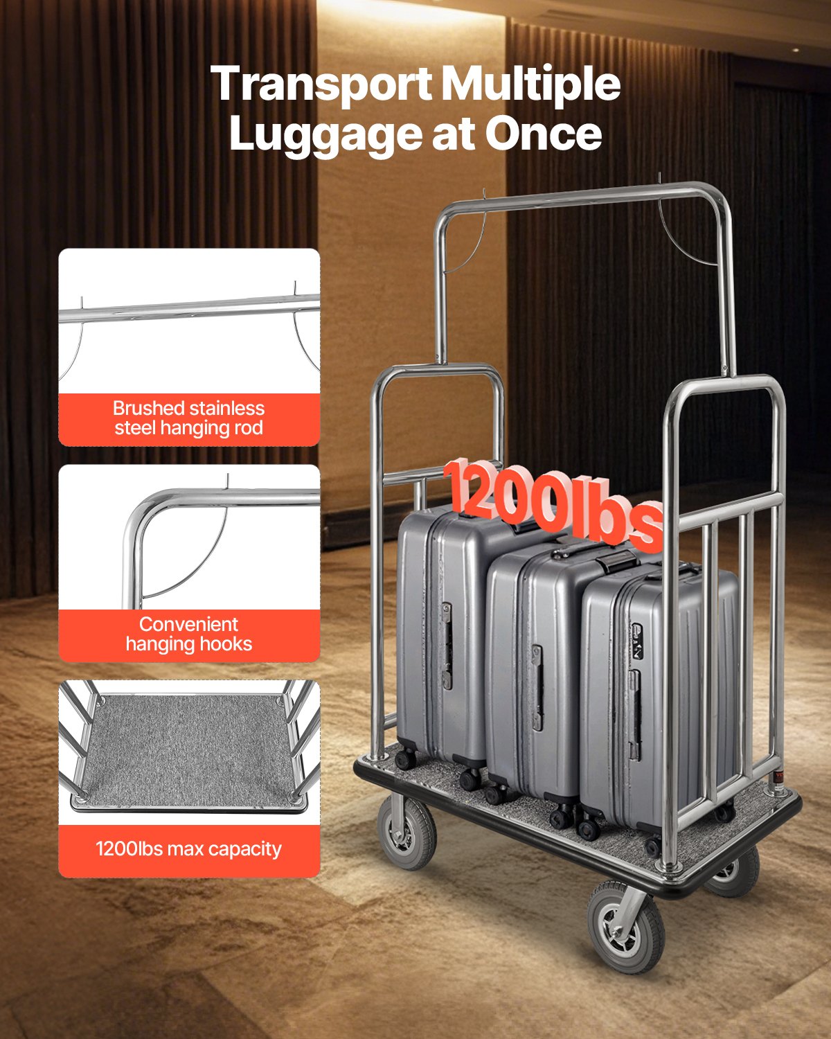 Heavy-Duty Hotel Luggage Cart 1200 LBS Capacity Stainless Steel