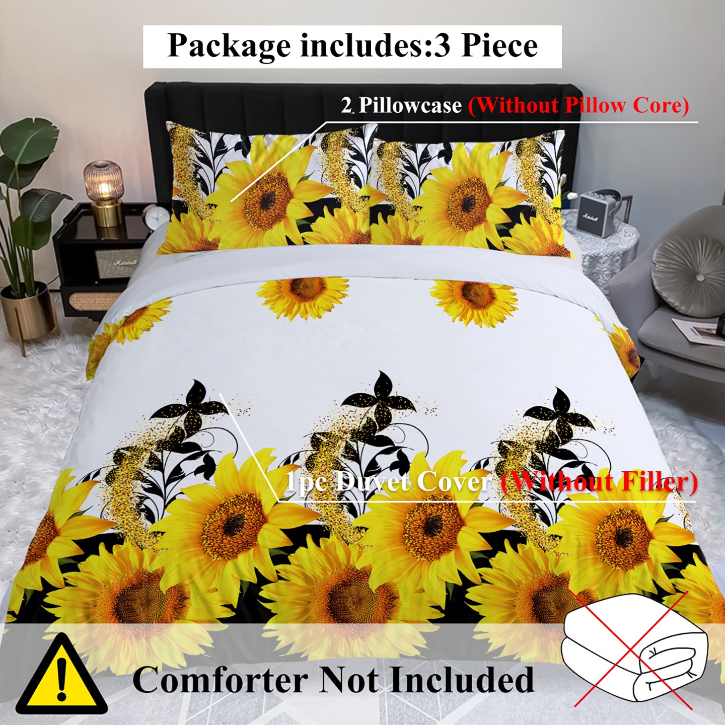 Sunflower Duvet Cover Set - 3 Pieces Black & White Bedding