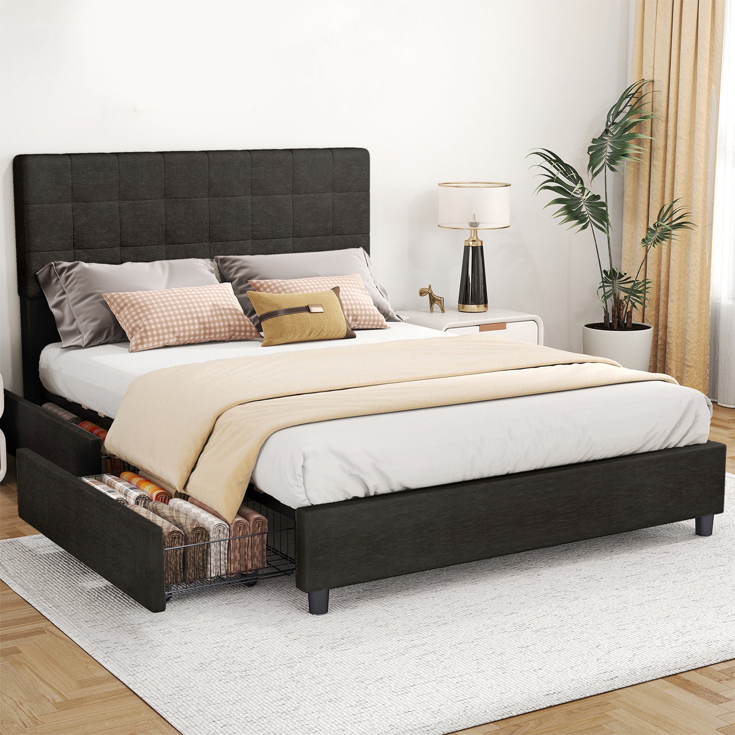 Queen Bed Frame Upholstered Vertical Channel Headboard With 4 Storage