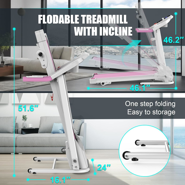 Compact Folding Treadmill for Home - 2.5HP Motor, 3-Level Incline