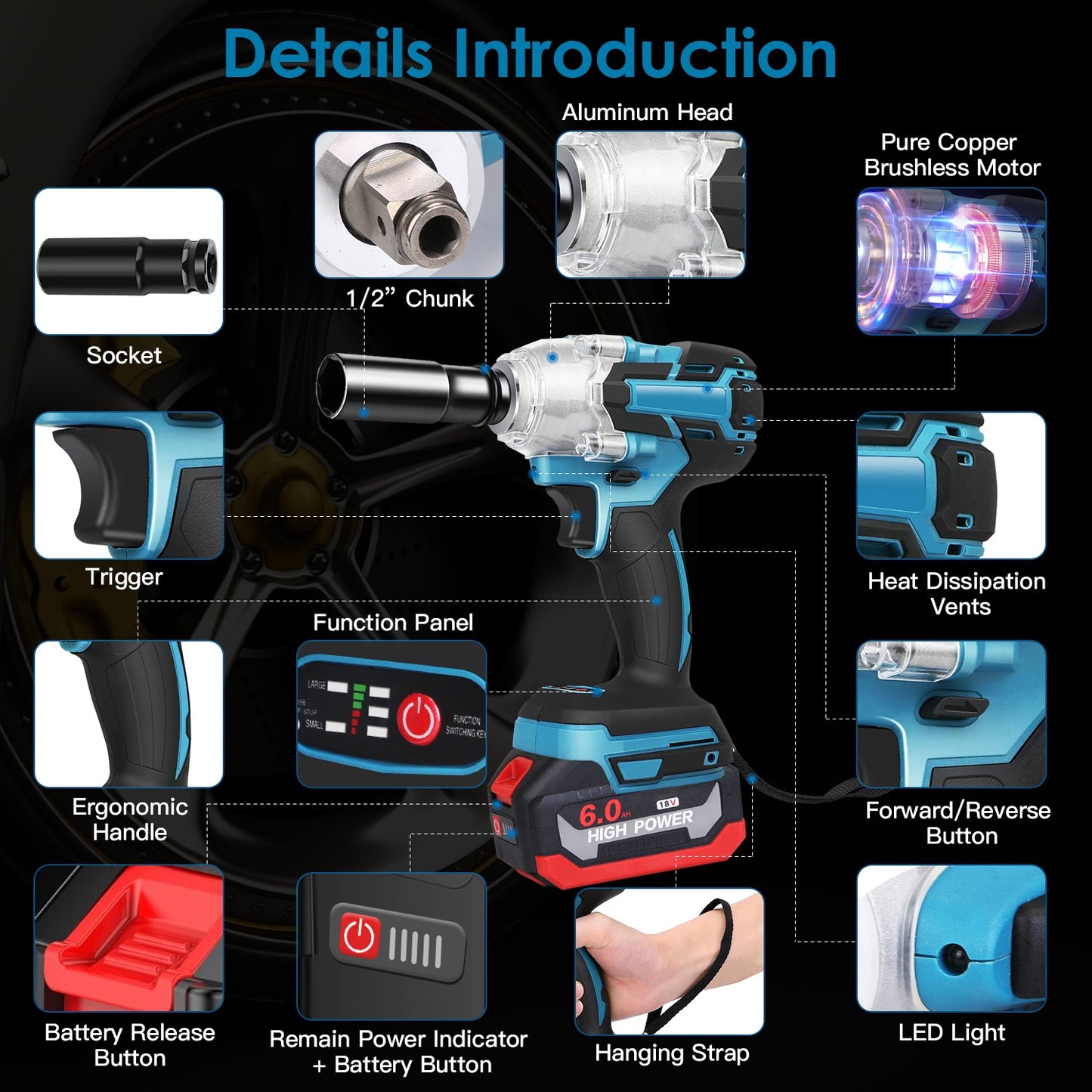 Cordless Impact Wrench 3-in-1 Brushless Power Tool with 2 Batteries, Sockets & Bits