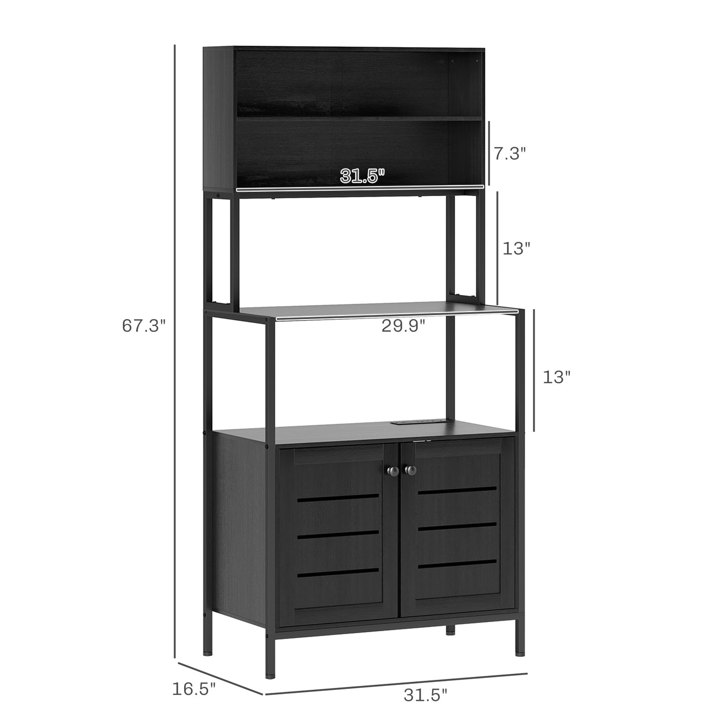 Baker's Rack with Power Outlet & Storage Shelves - Black