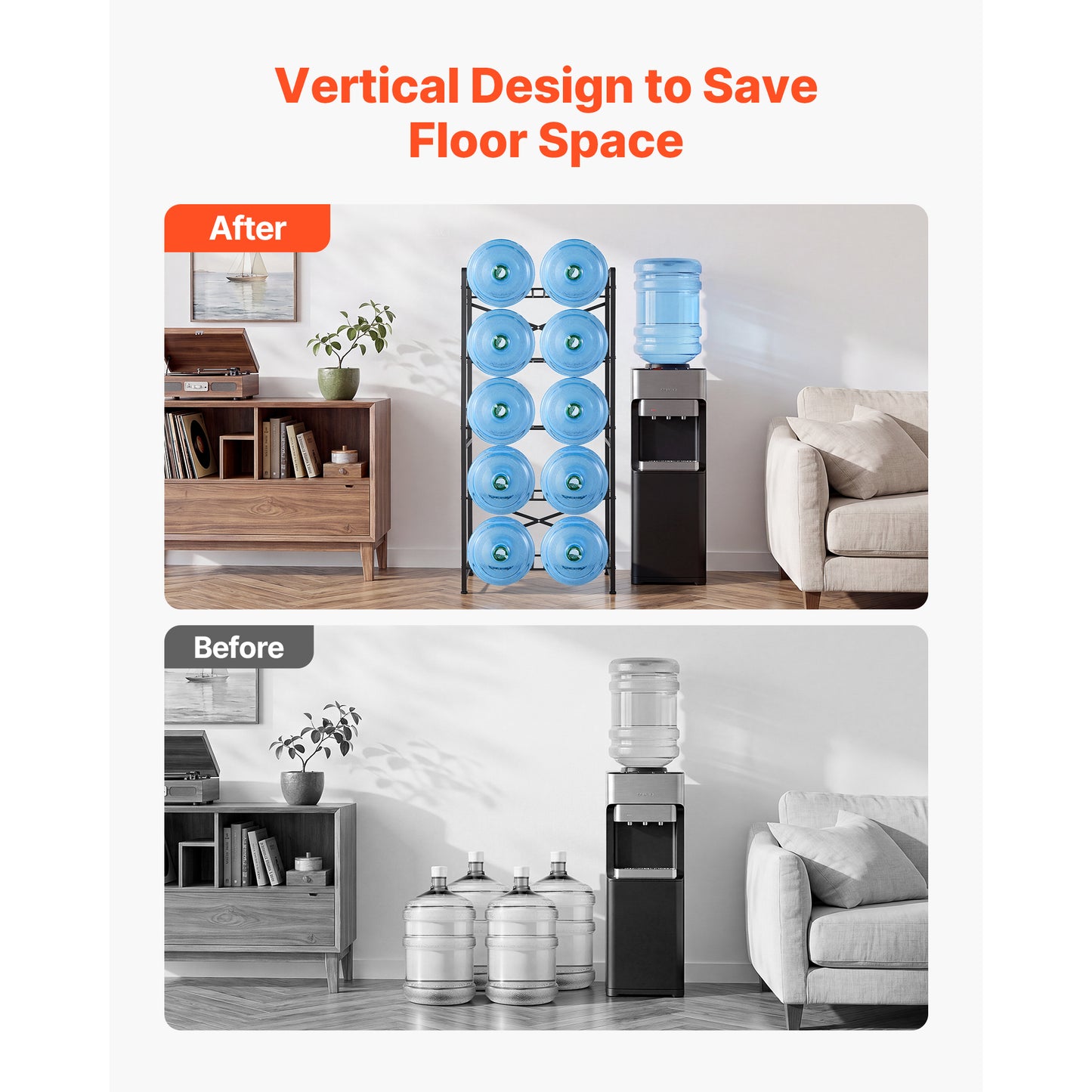 Heavy Duty Water Bottle Rack Organizer - 5 Tiers for 3 & 5 Gallon Bottles, Black