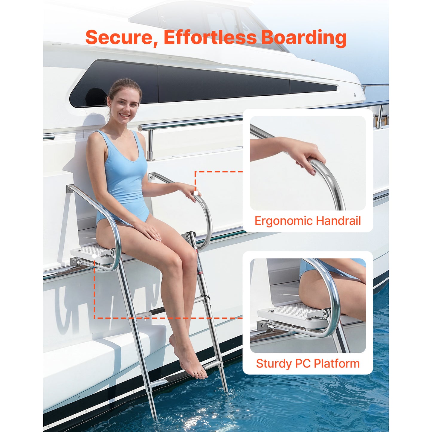 Stainless Steel Telescoping Boat Ladder with 3 Wide Anti-Slip Steps & Handrails - 400 Lbs Capacity