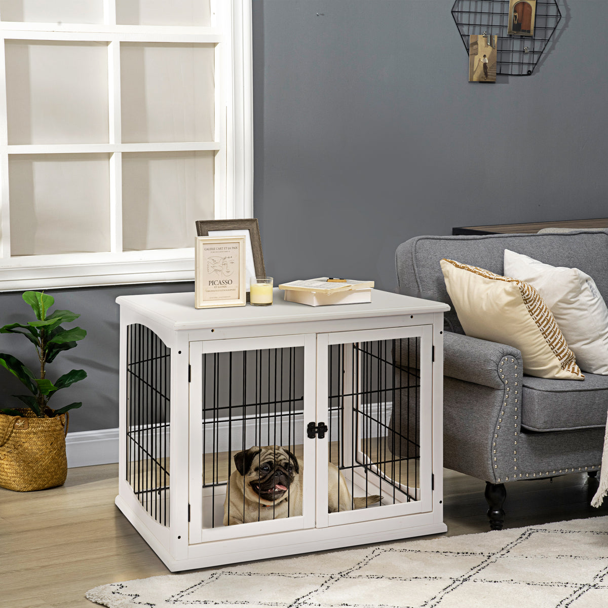 Small Dog Crate End Table with Doors, Lockable Pet Kennel - White, 32"
