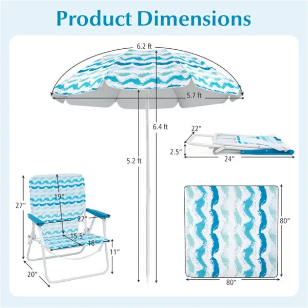 4-Piece Beach Set with 6.2ft Sun-Proof Umbrella, 2 Chairs & Blanket