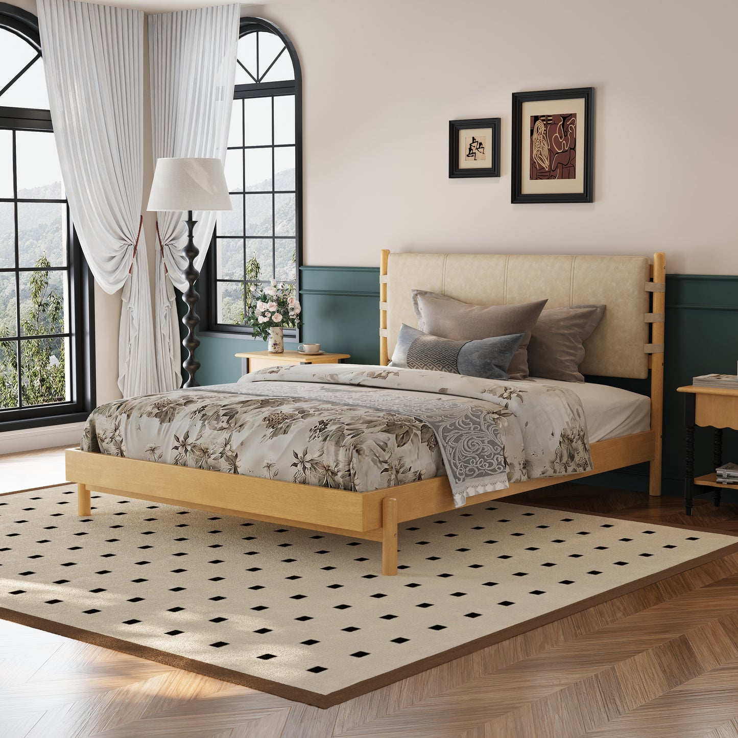 Premium Rubber Wood Platform Bed Frame, Queen Frame With Headboard