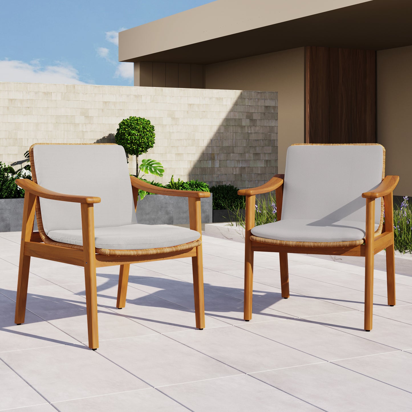 Outdoor Dining Chairs Set of 2 - Teak Acacia Wood, Grey Cushion