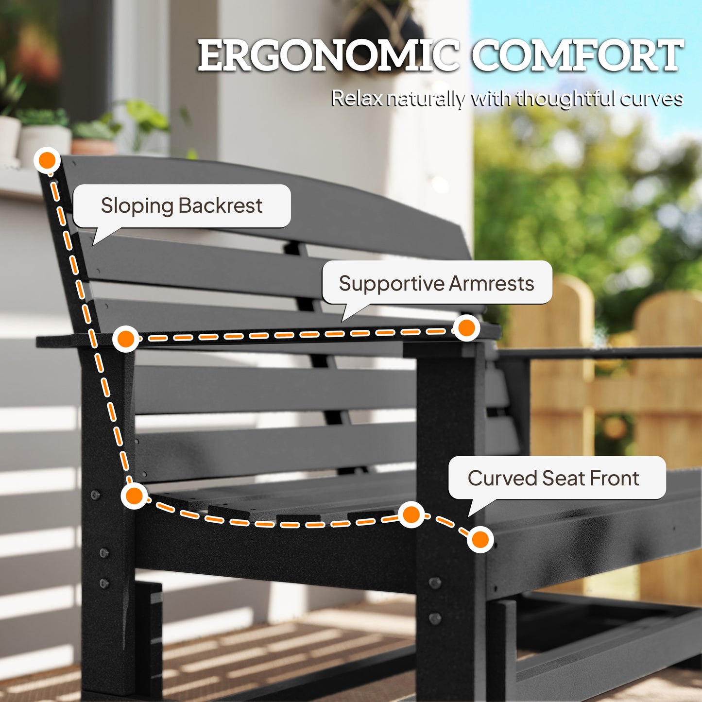 Patio Glider Bench - HDPE Slatted Double Rocking Chair - Black