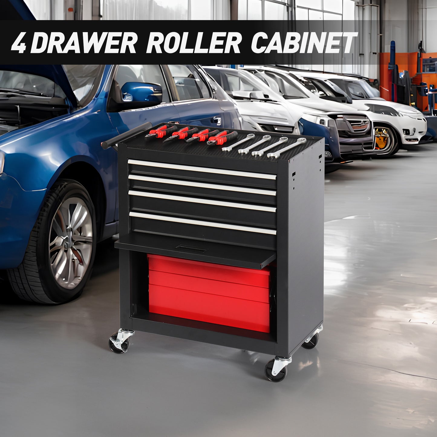4-Drawer Rolling Toolbox with 4-Wheel Steel Storage Cart, Black