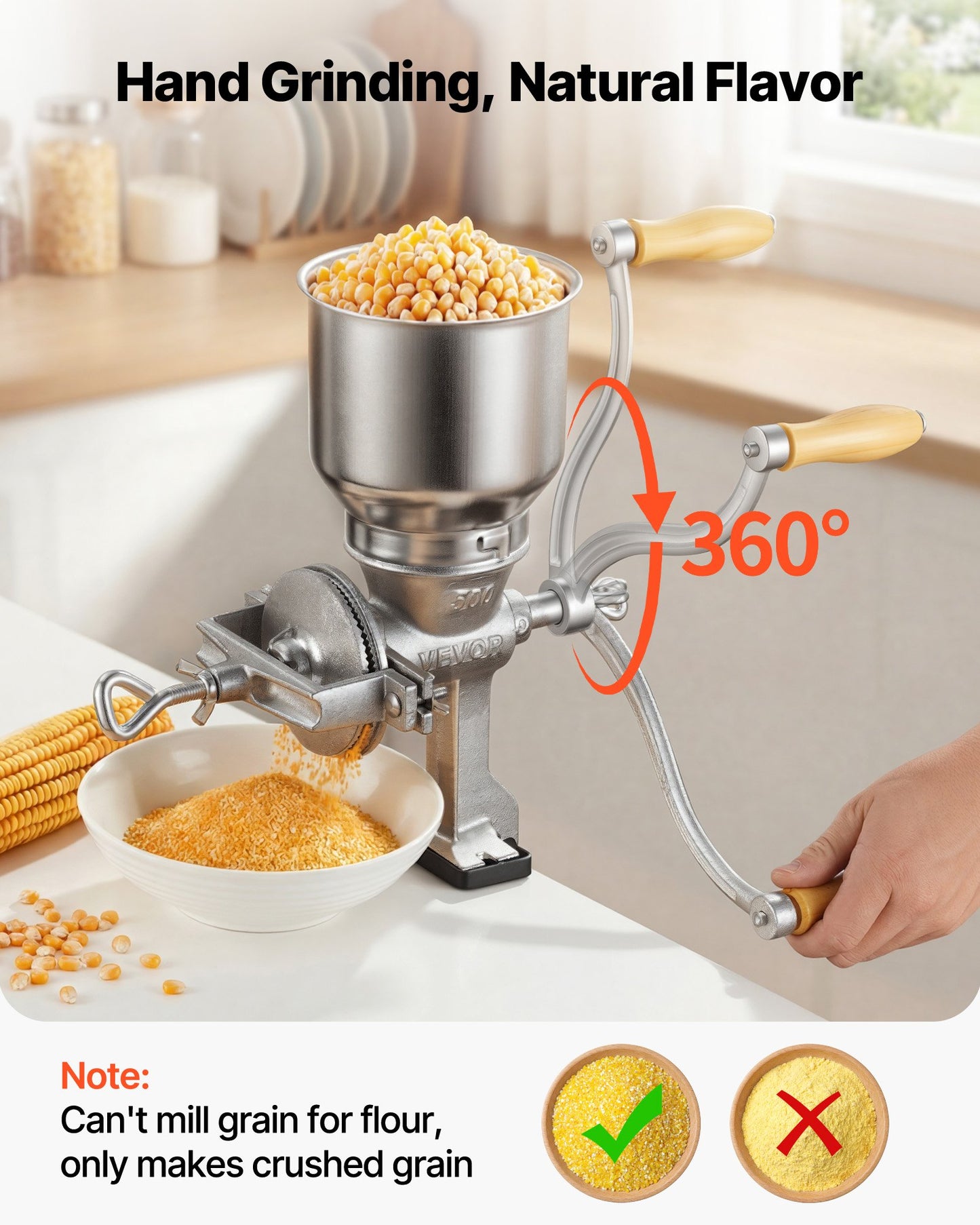 Manual Grain Mill with High Hopper - Hand-Crank Corn & Nut Grinder, Heavy Duty Cast Iron Kitchen Tool