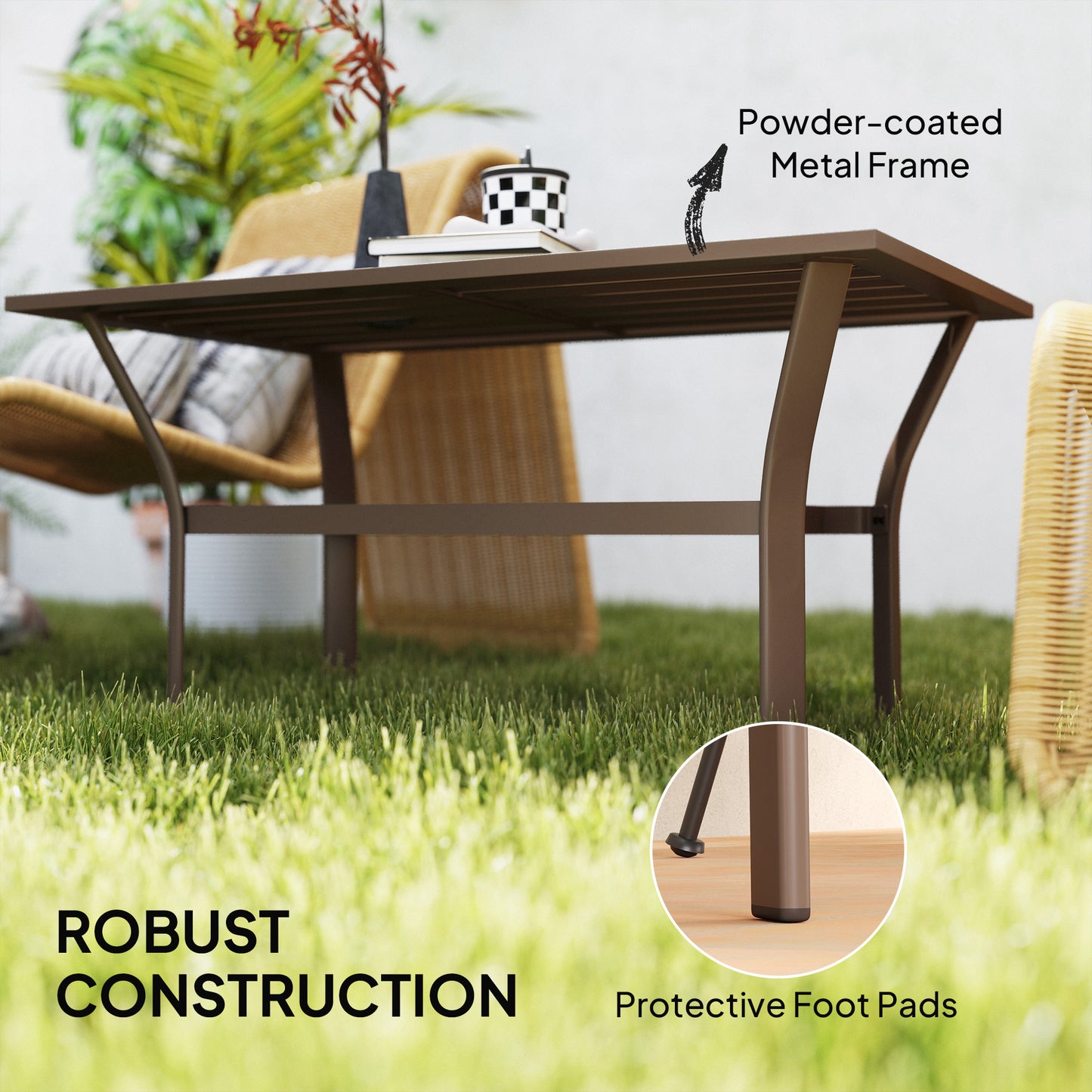 Outdoor Coffee Table - Slatted Design, All-Weather Metal, 36" x 21.7"