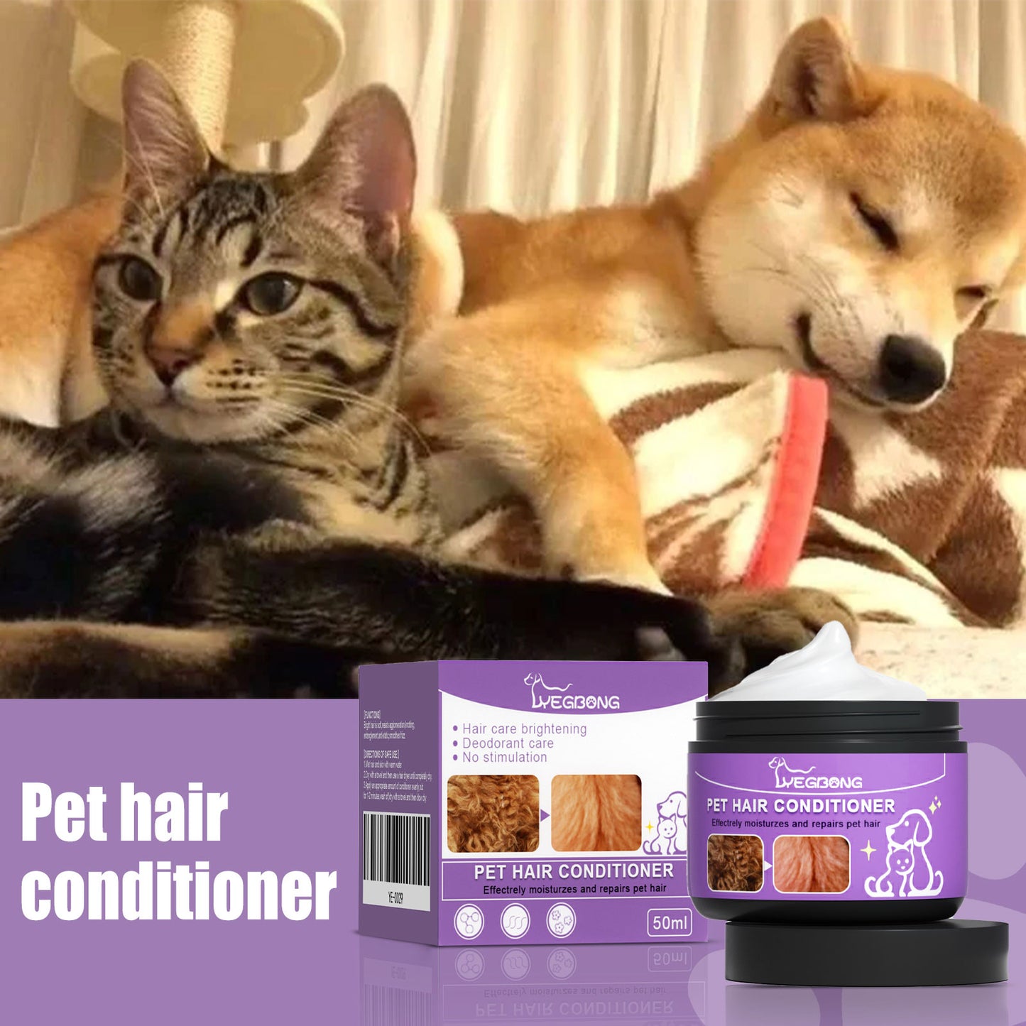 Pet Hair Conditioner for Dogs & Cats - Moisturizing Detangler, Anti-Static, Brightening Fur, 50ml Set