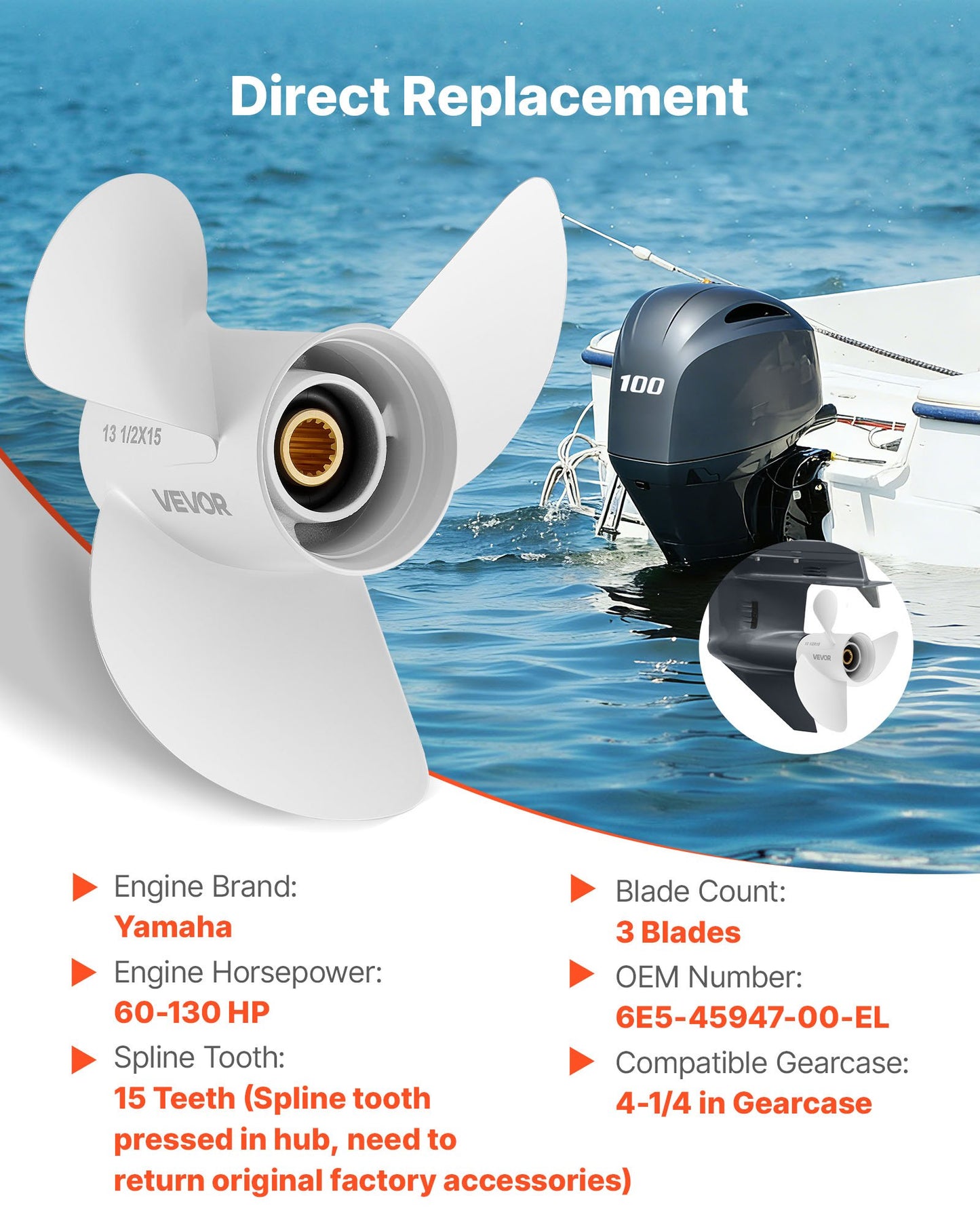 Outboard Boat Propeller 3-Blade RH Aluminum Fit Yamaha 60-130 HP Replacement