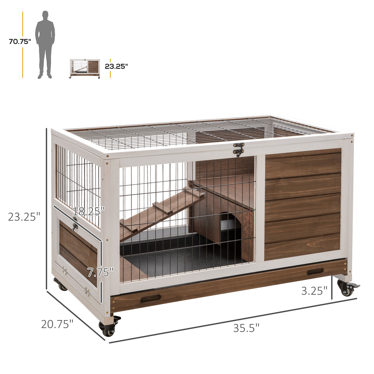 Indoor Rabbit Cage with Wheels & Pull-Out Tray - Small Animal House in Brown