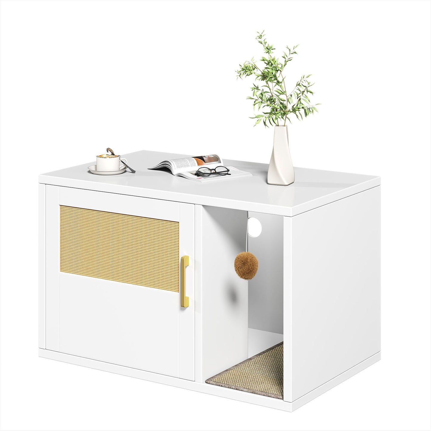 Multifunctional Cat Litter Box Cabinet with Odor Control & Side Table - White