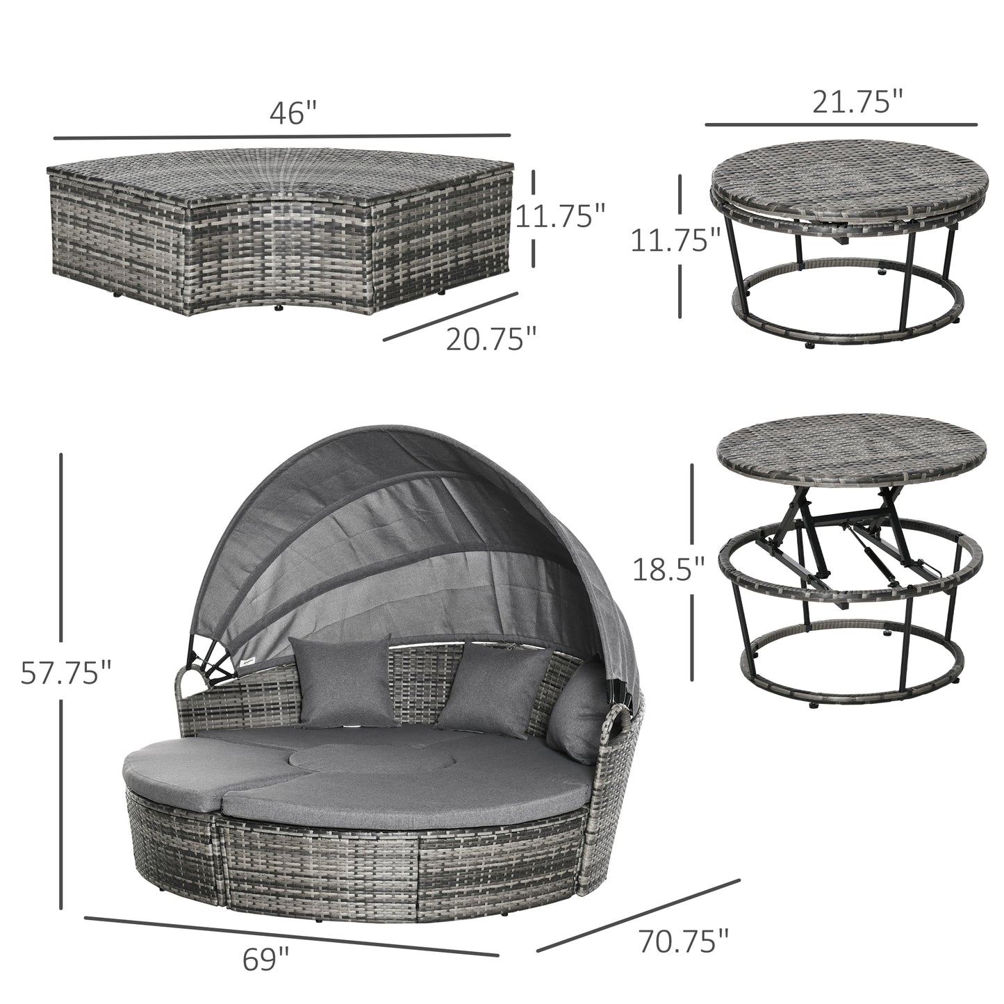 4-Piece Round Rattan Daybed Set with Adjustable Canopy - Gray