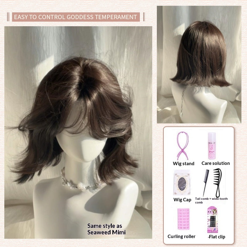 Lightly Curled Synthetic Wig Set with Blunt Bangs - Natural Look for Women