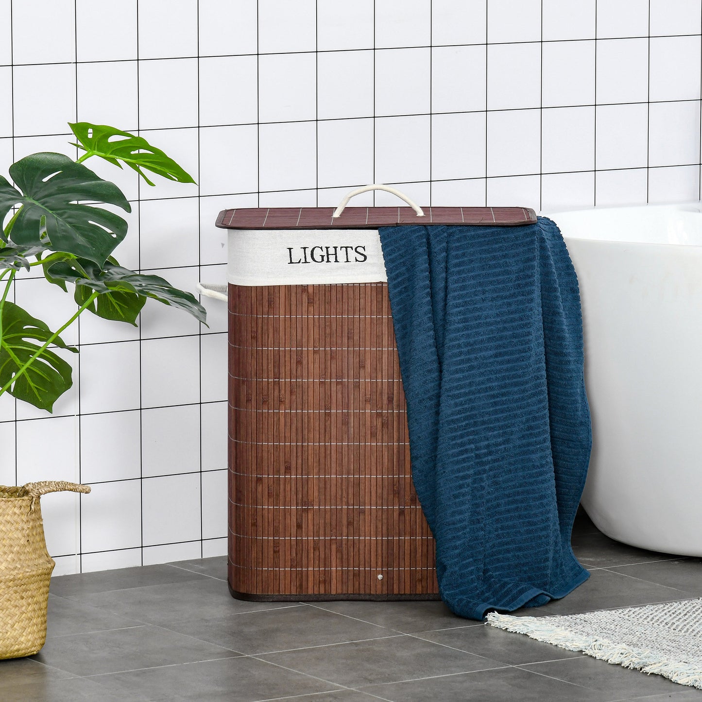 Bamboo Laundry Basket With Lid And String Handles, Collapsible Hamper