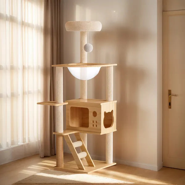 48.8-Inch Modern Wooden Cat Tree Tower with Scratching Posts & Hammock