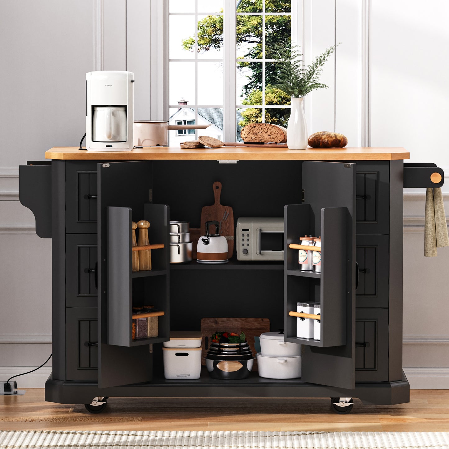 K&K 56 Inch Kitchen Island With Rubber Wood Veneer Drop Leaf, Power