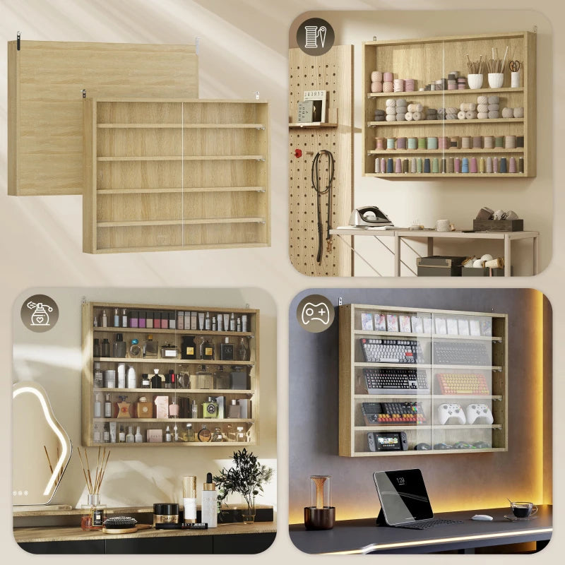5-Tier Wall-Mounted Display Cabinet with Glass Doors - Oak