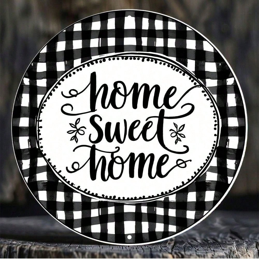 Checkered Round Metal Sign - Home Sweet Home Wreath, 8in