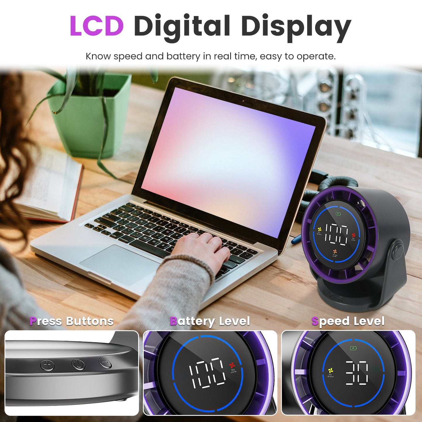 Rechargeable Battery-Operated Mini Desk Fan with 120° Tilt, USB & Wall Mount, 4000mAh