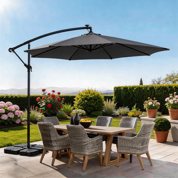 10FT Round Hanging Patio Umbrella with LED Lights & Stand - Gray