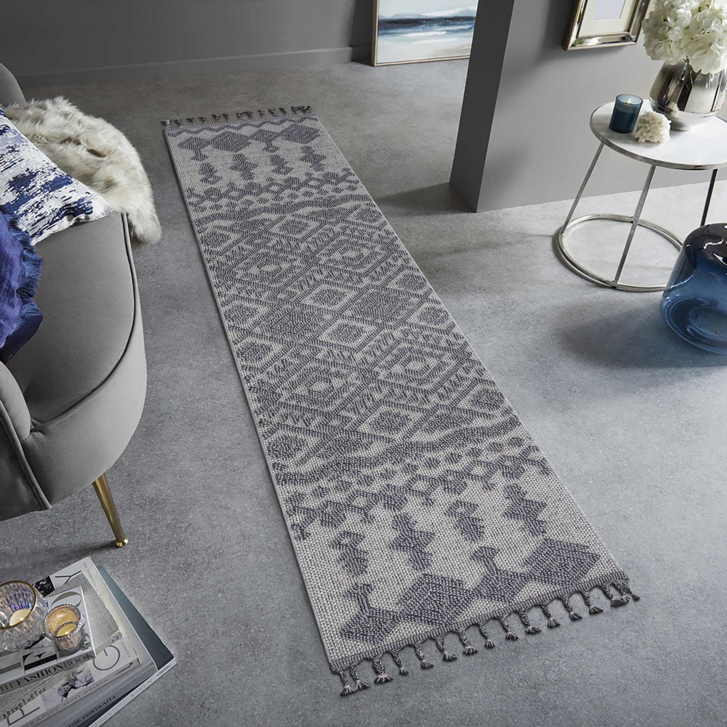 Guros 2X8 White Gray Traditional Indoor Outdoor Runner Rug