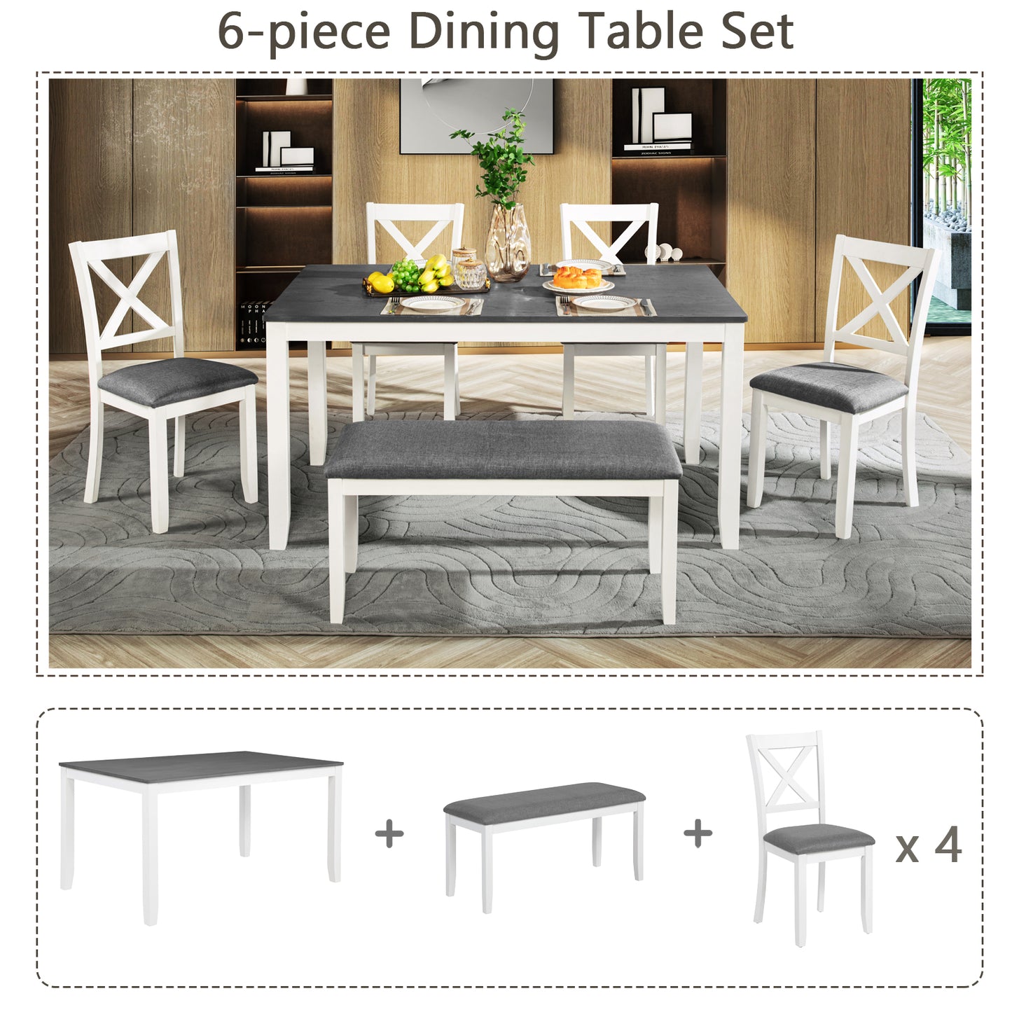 Modern 6-Piece Dining Table Set with Bench - Grey & White