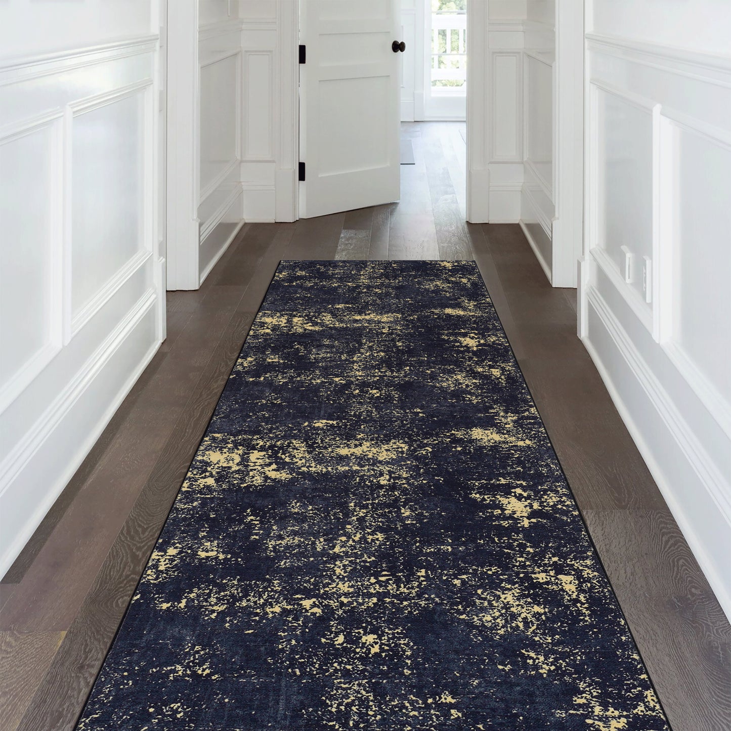 MAVAL Black Washable Rug 2'6'' X 10' Runner Gold,