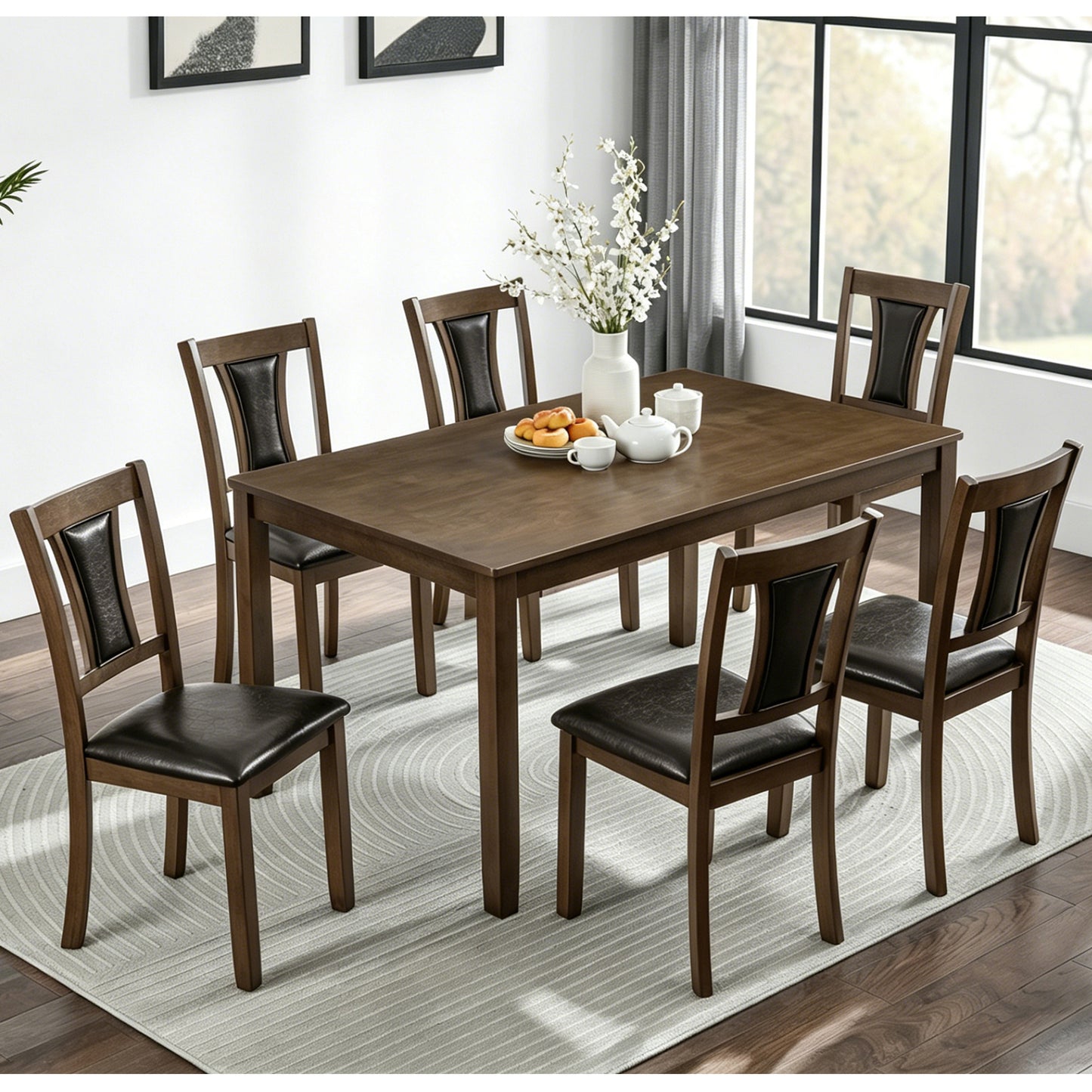 Modern 7-Piece Dining Table Set with 6 Upholstered Chairs - Walnut