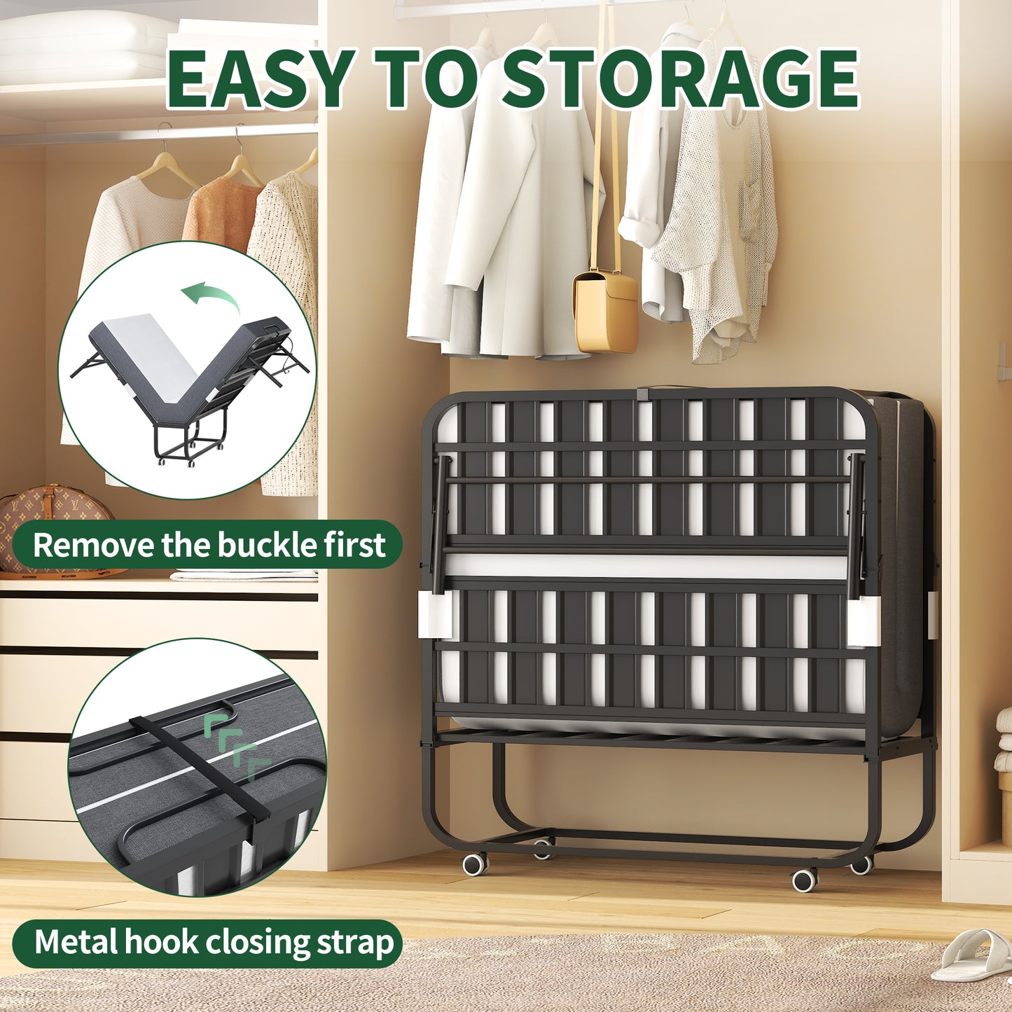 Large 75 X46 Wide Folding Bed For Tall People, Extra Long & Rollaway