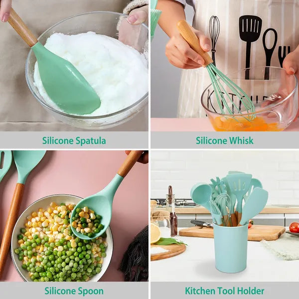 11-Piece Silicone Cooking Utensil Set with Wooden Handles
