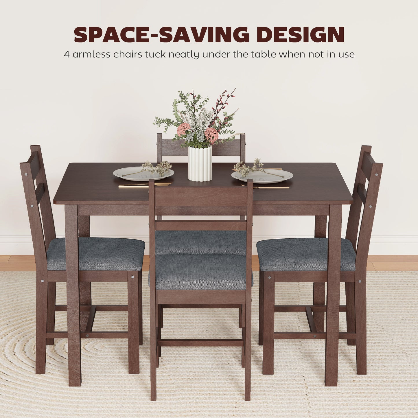 5-Piece Solid Wood Dining Table Set for 4, Farmhouse Kitchen with