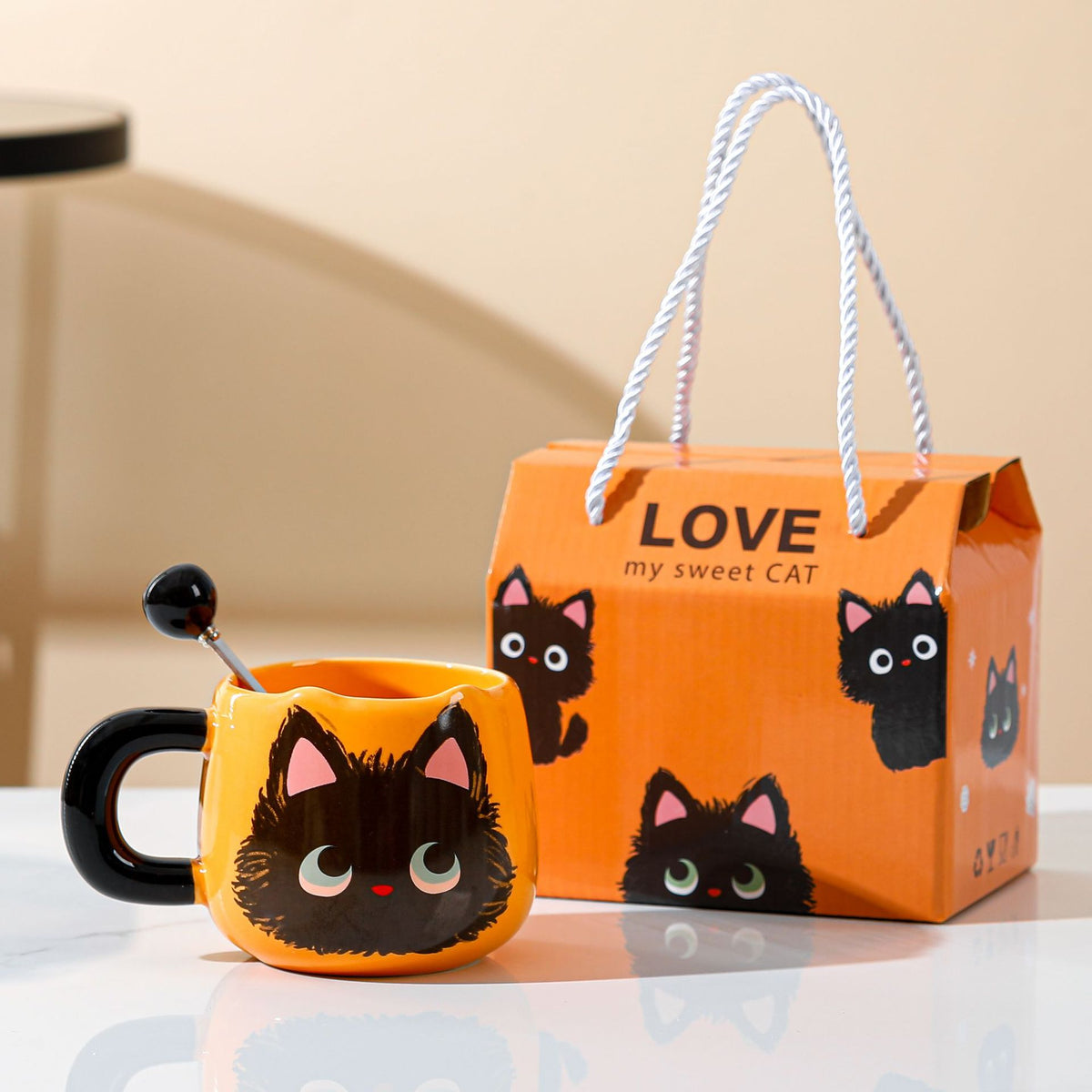 Cute Black Cat Mug with Lid and Spoon - Ceramic Drinkware Set