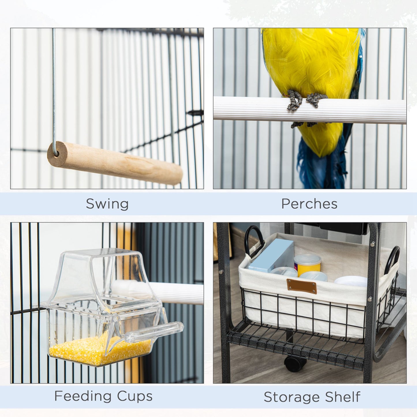 45-Inch Metal Bird Cage with Wheels & Storage Basket, Black Parrot Aviary