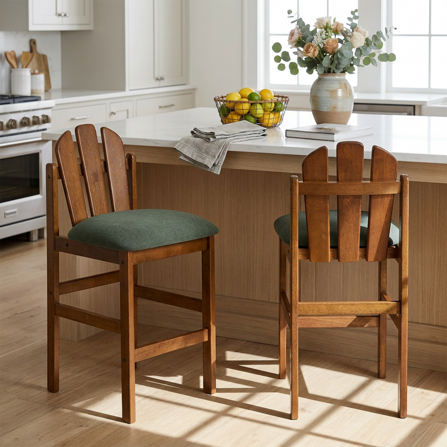 Mid-Century Rubber Wood Upholstered Counter Stools - Set of 2, Green