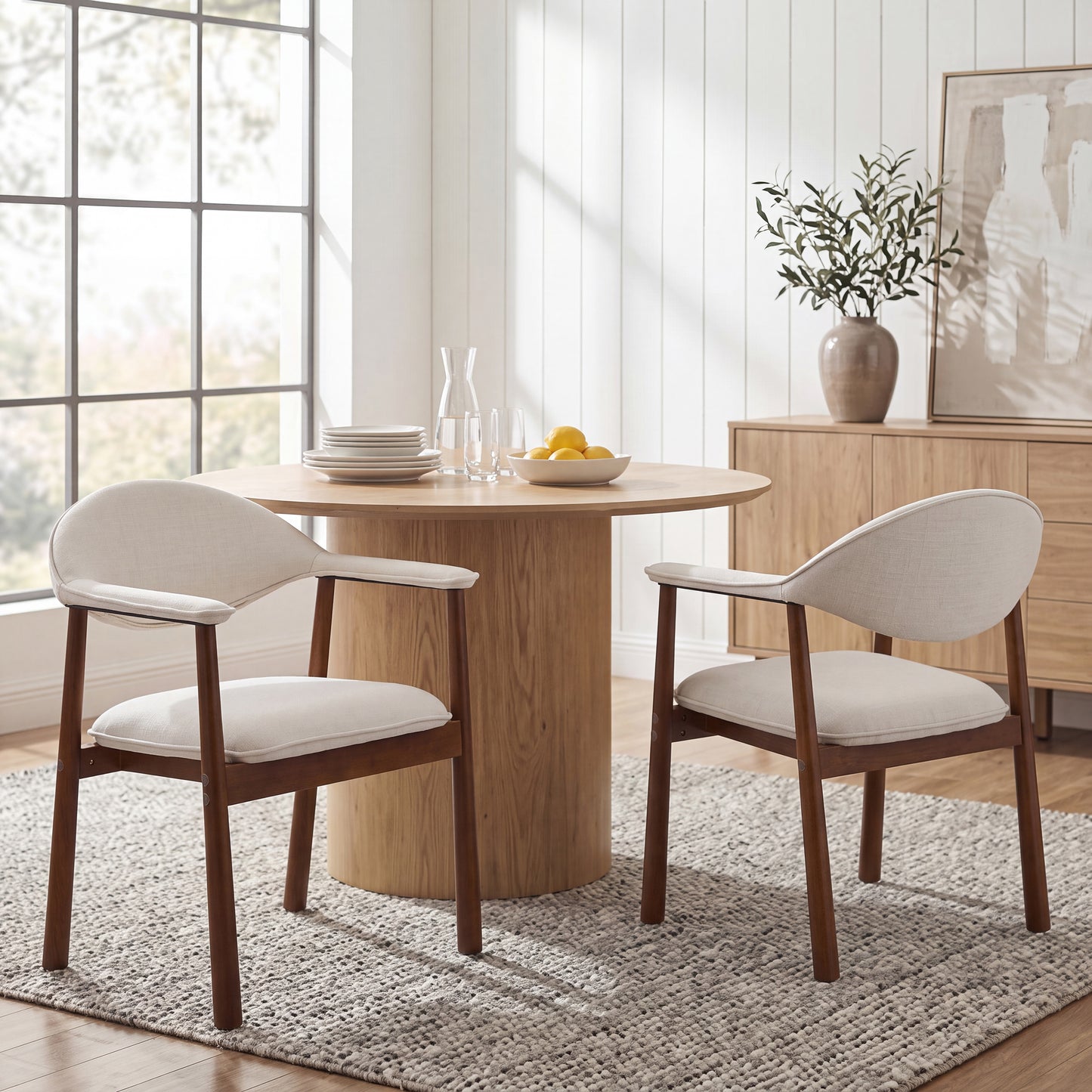 Upholstered Dining Chairs Set of 2 - Beige Fabric & Walnut Wood