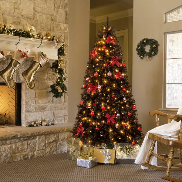 7.5 FT Black Artificial Christmas Tree with 350 LED Lights & Ornaments