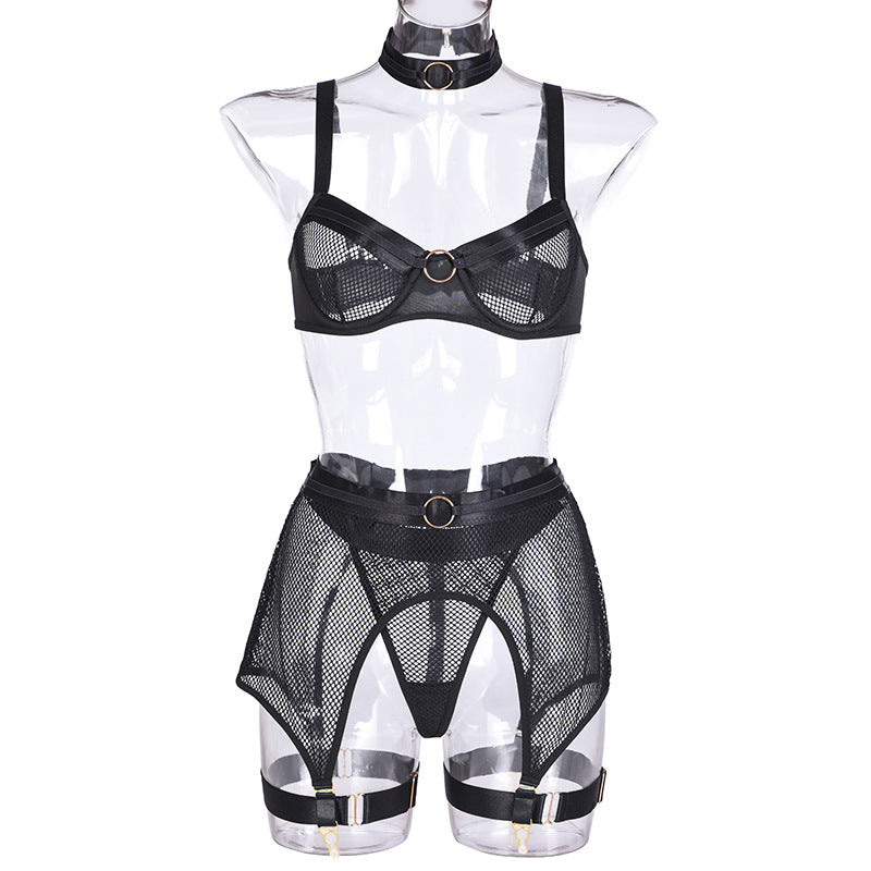 Women's Mesh Stitching Underwear Set with Garter Belt and Halterneck