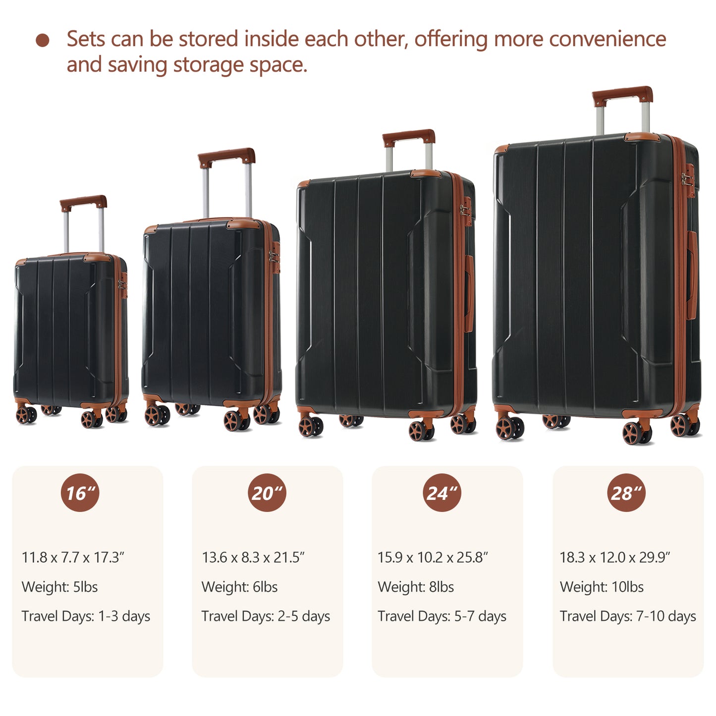 6-Piece Hardshell Luggage Set - Expandable Lightweight Suitcases, TSA Lock, Dual Wheels - Black Brown