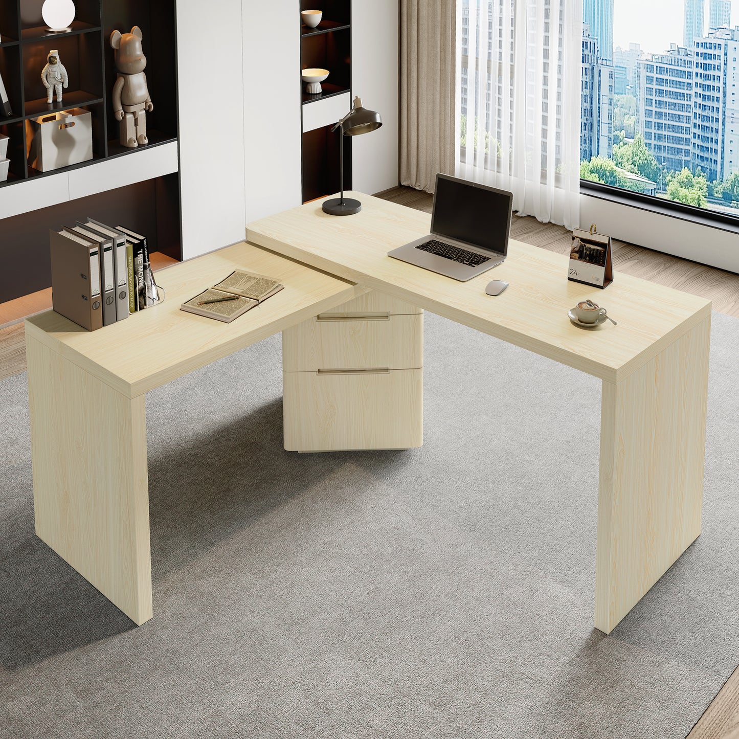 90 Modern L Shaped Desk In Natural Wood With 3 Drawers,360 Rotating