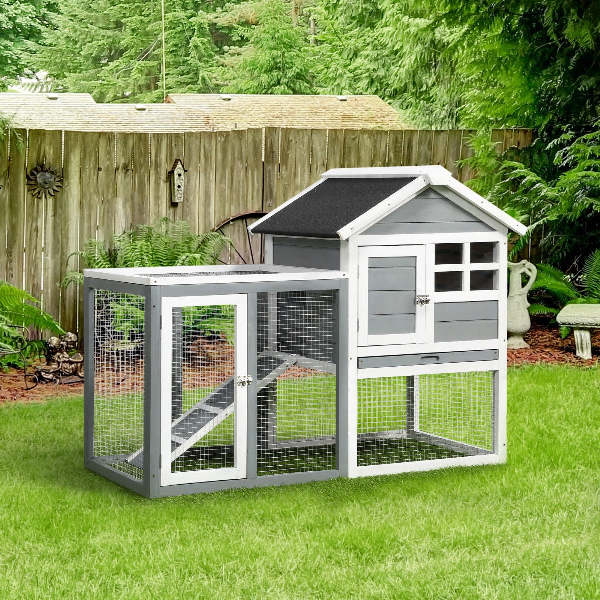 Weatherproof Wooden Rabbit Hutch with Outdoor Run & Slanted Asphalt Roof - Gray