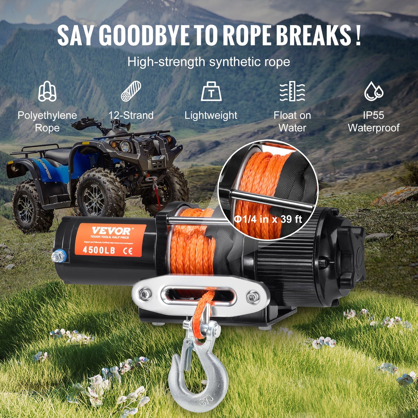 Electric Winch 4500 Lb Waterproof Synthetic Rope for ATV UTV Off-Road Recovery - Black