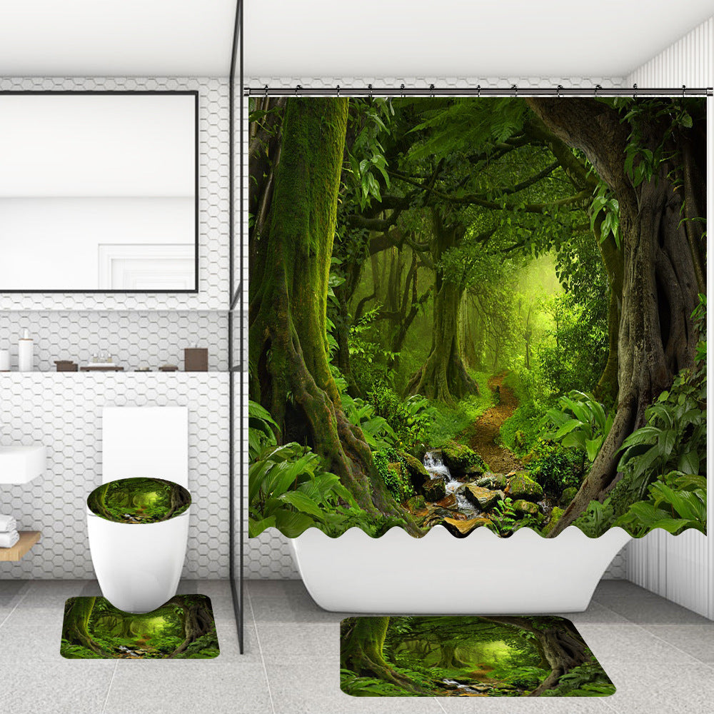 Bathroom Shower Curtain and Floor Mat Set Ocean World Printing - 4 Piece