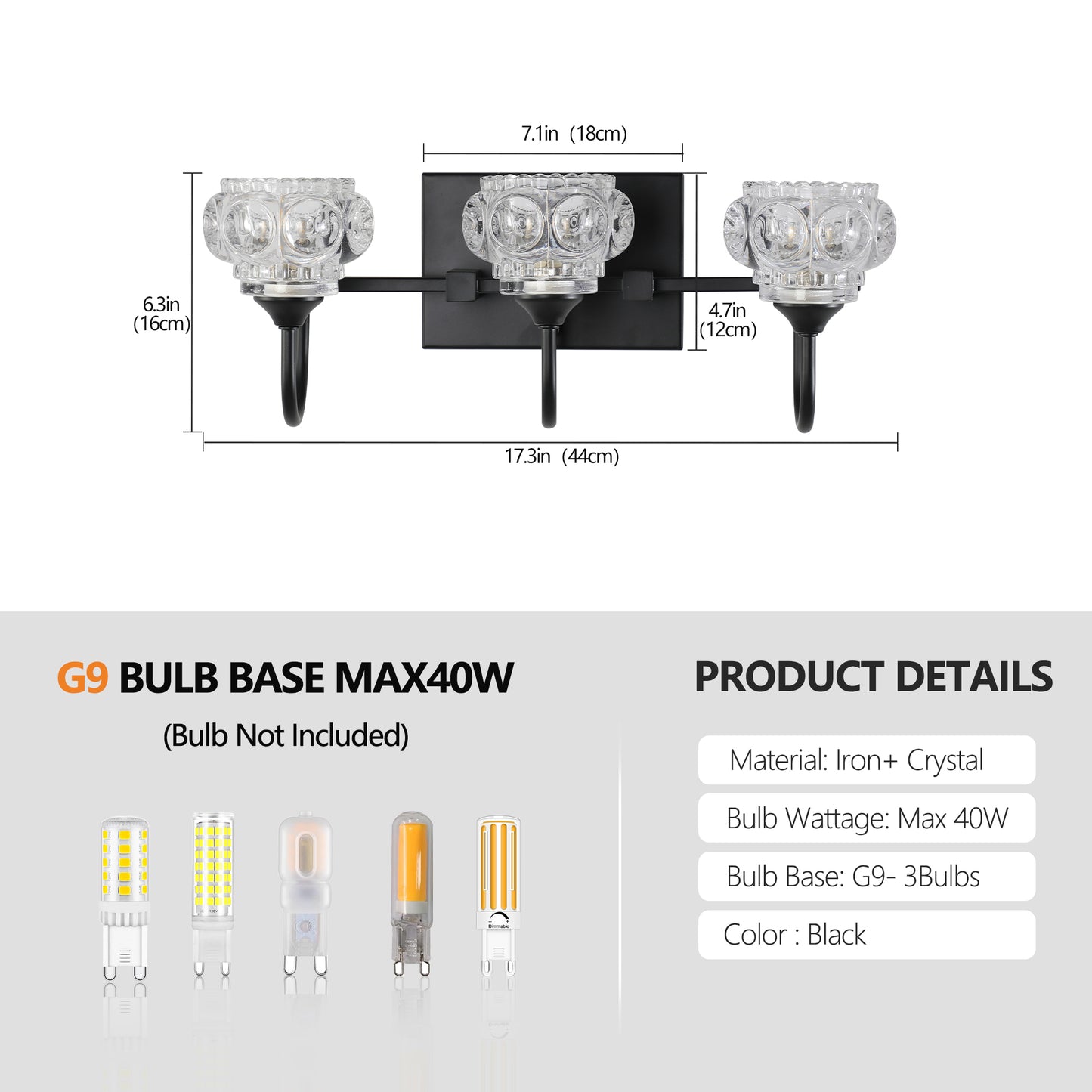 3-Light Bathroom Vanity Light Fixture - Black with Crystal Shades
