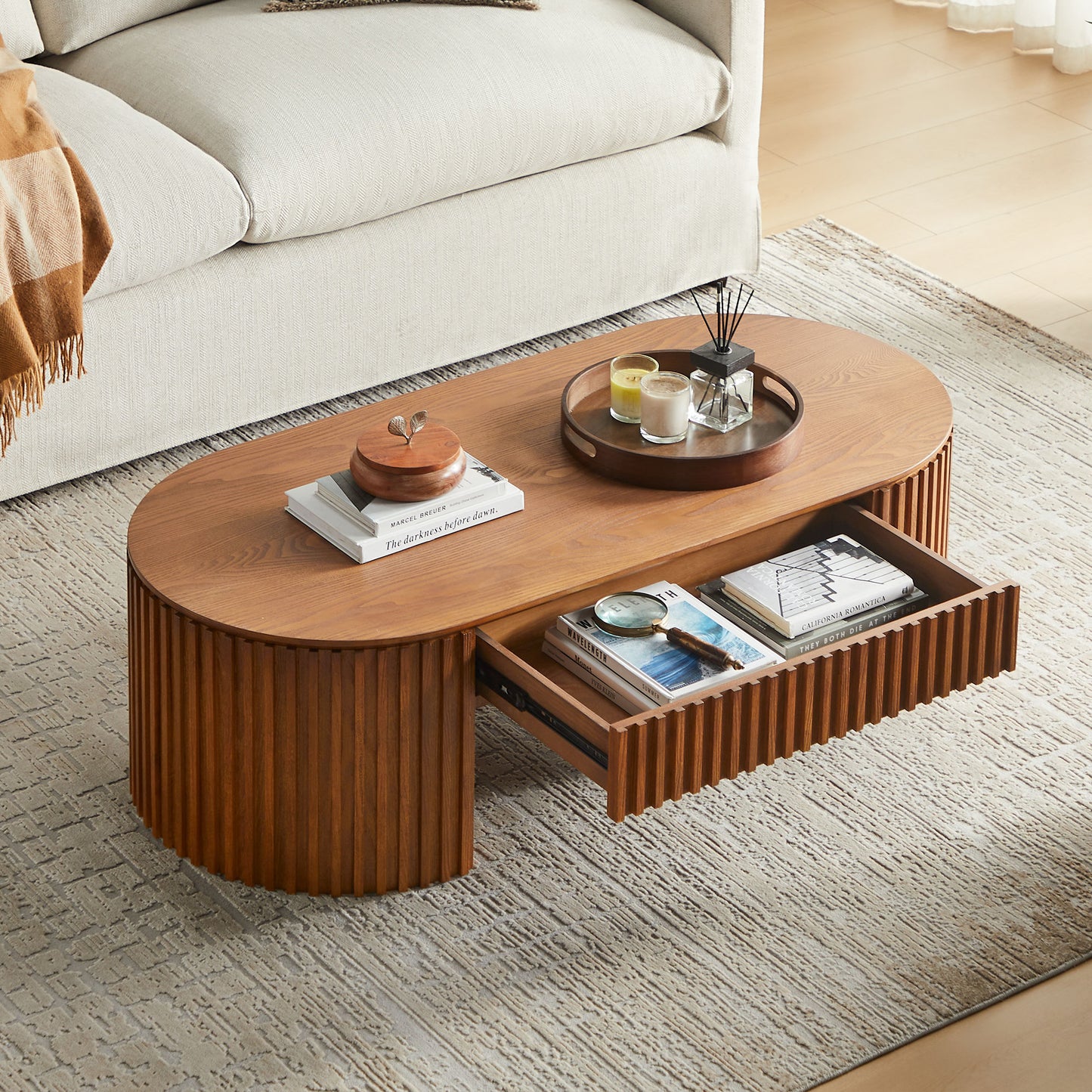 51.18 Oval Wood Coffee Table With Drawer Mid Century Modern Unique