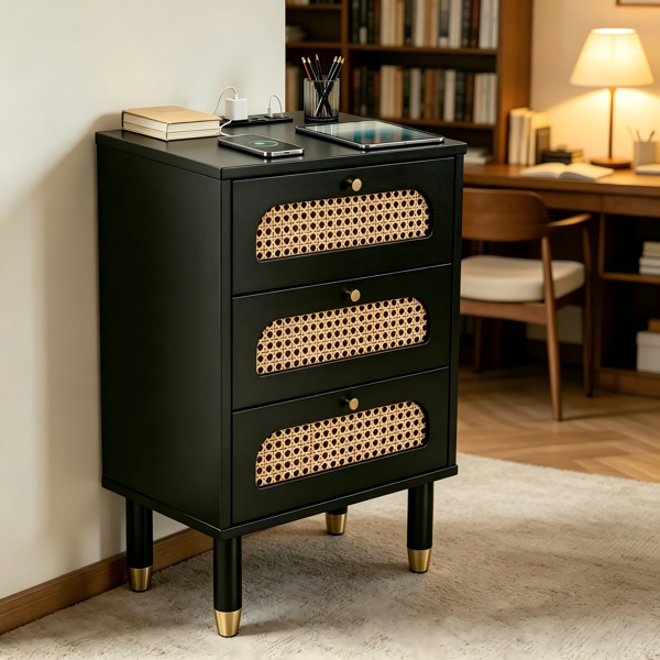 3-Drawer Nightstand with Rattan Fronts and Power Outlet - Black